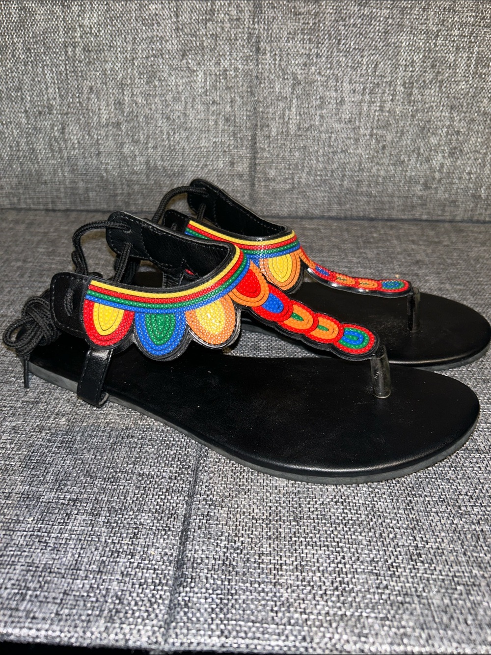 Black Beaded T-Strap Sandals with Rainbow Embroidery